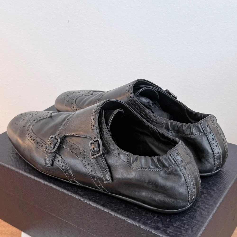 Prada 2EG469 Mens Leather Double Monk Strap Wingtip Shoes Grey Black UK 9